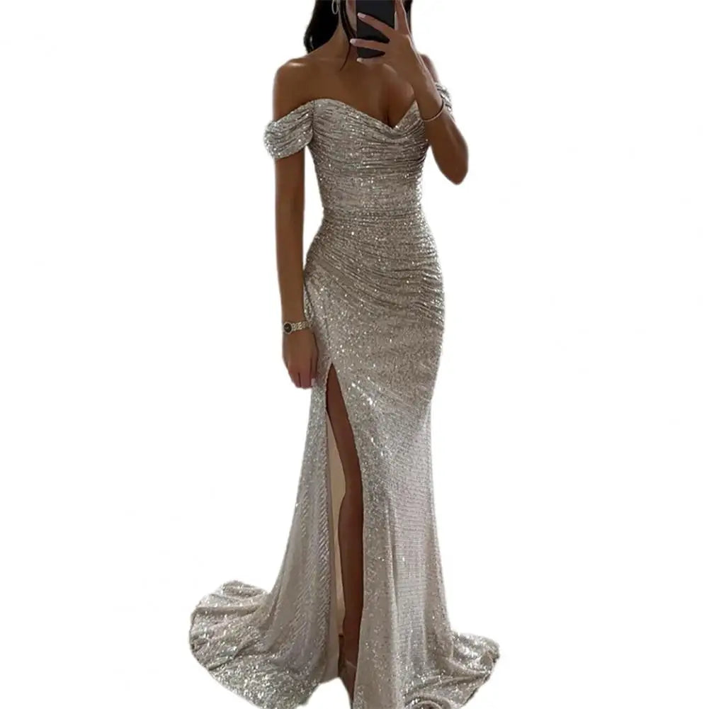 Evening Party Prom Dress Elegant V-Neck Off Shoulder Dress Sequin Pleated Short Sleeve Waist Tight Slim Sexy Split Long Dress
