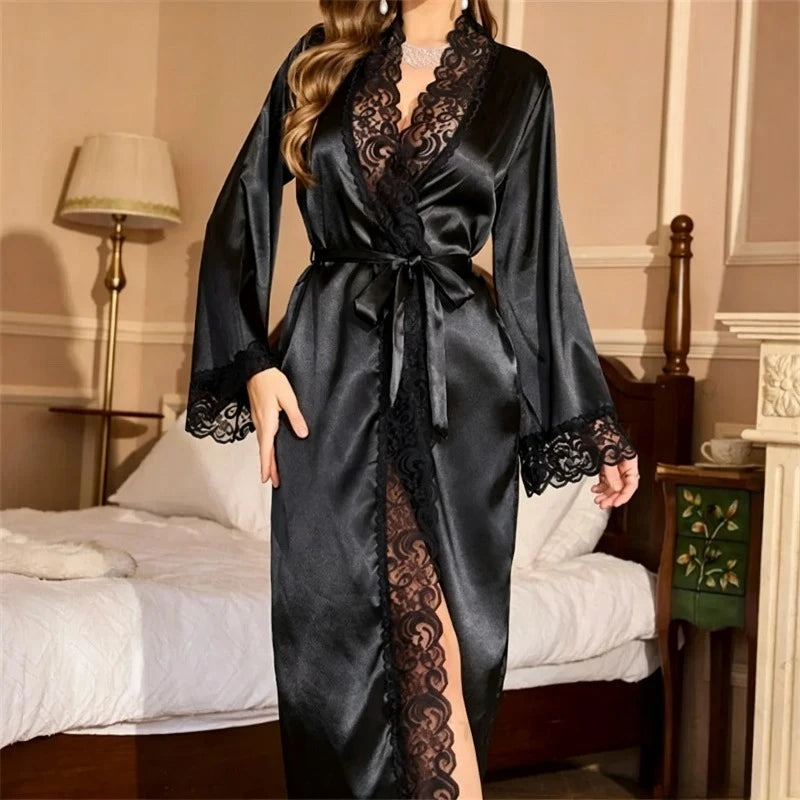 1 Piece Women's Underwear Ice Silk Satin Robe Pajamas Plus Size Nightgown Stylish Lace Trim Homewear Soft Skin Friendly