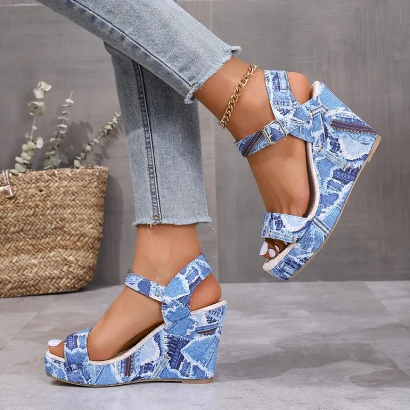 2026 New Women's Wedge Sandals Fashion Floral Printed Canvas ShoesCasual Sandals