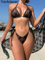 Mesh Sarong Lace Halter High Cut Bikini Female Swimsuit Women Swimwear Three-Pieces Bikini Set Bather Bathing Suit Swim V6284