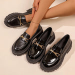 Ladies Metal Buckle Decor Chunky Loafers Round‑Toe Slip‑On Lug‑Sole PU Leather Comfortable All‑Match Business Walking Footwear