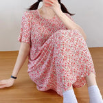 Summer Women Dress Small Flower Print Crew Neck Loose Short Sleeves Pleated Dating Shopping Midi Dress Mid-calf Length Pullover
