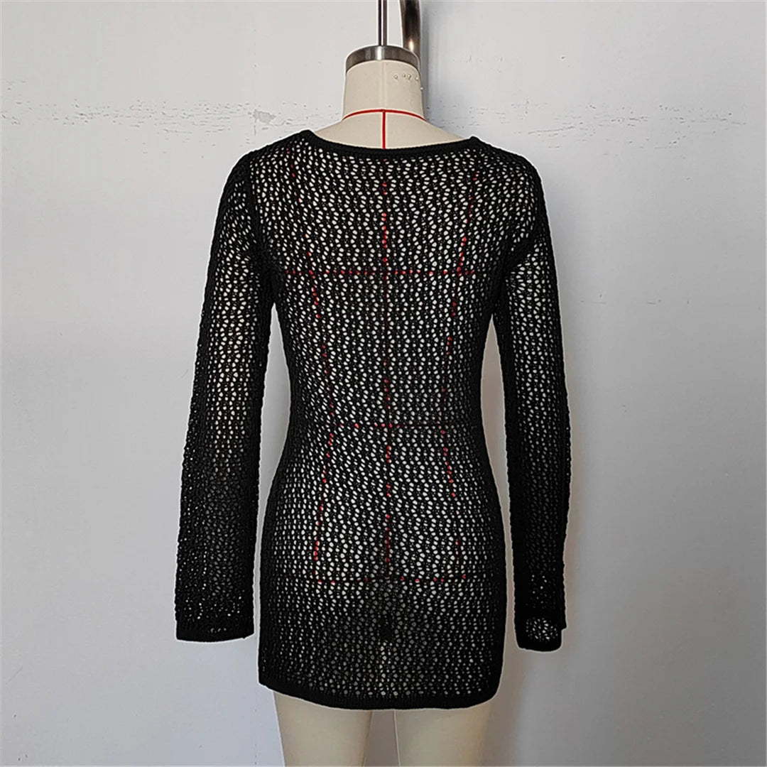 Long Sleeve Hollow Out Crochet Knitted Tunic Beach Dress Beach Wear Beachwear Beach Cover Up Cover-upsFemale Women V6552
