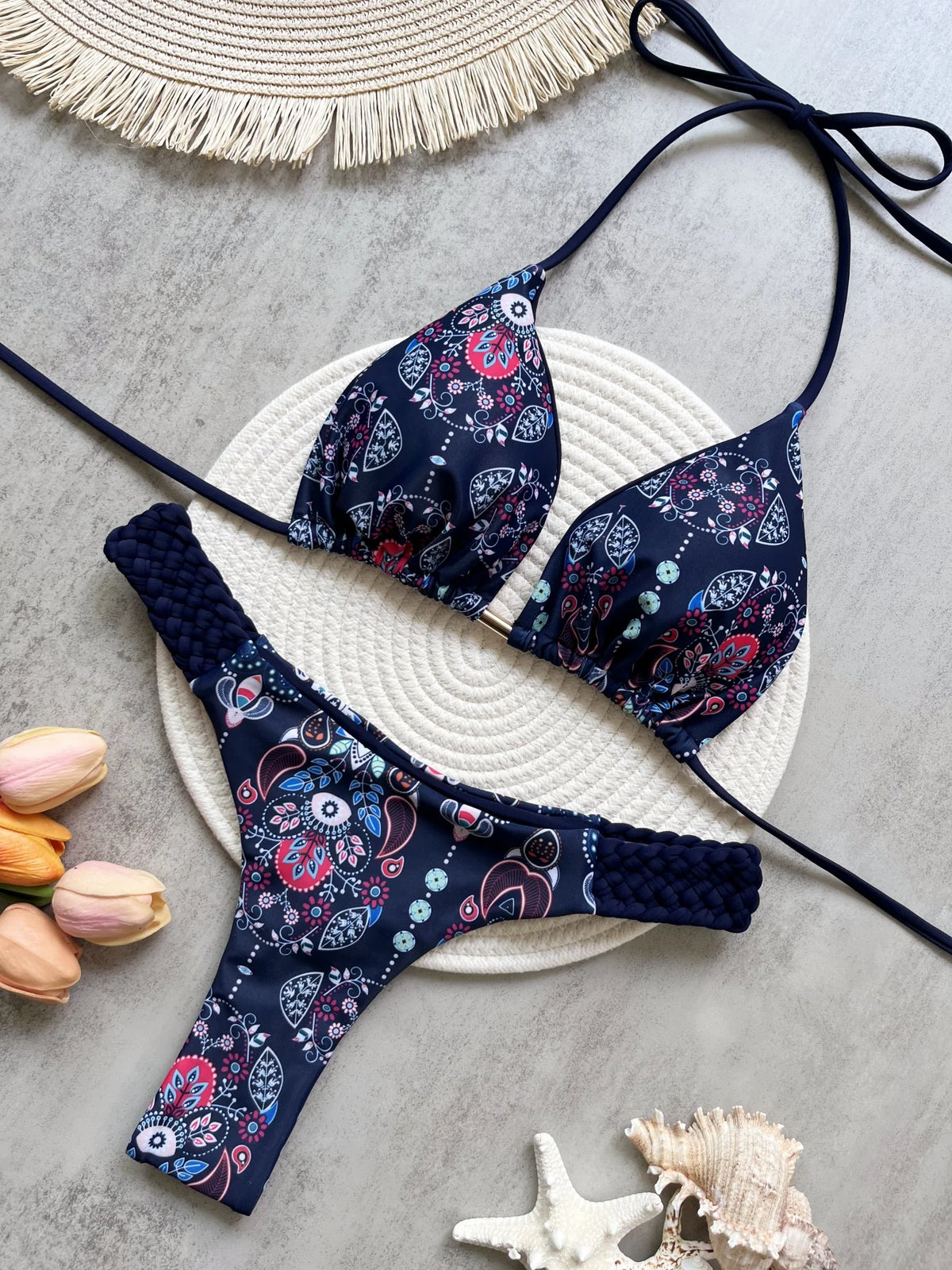 Fashion Print Halter Mini Thong High Cut Bikini Female Swimsuit Women Swimwear Two-pieces Bikini Set Bather Bathing Suit Swim