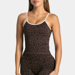 Khaki leopard print women's sports vest Adjustable thin strap design Deep U back design Elastic material Suitable for gym, Pilat