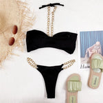 Women Swimwear Metal Chain Halter Ribbed Bikini Female Swimsuit Two-Pieces Bikini Set High Cut Bather Bathing Suit Swim V2989