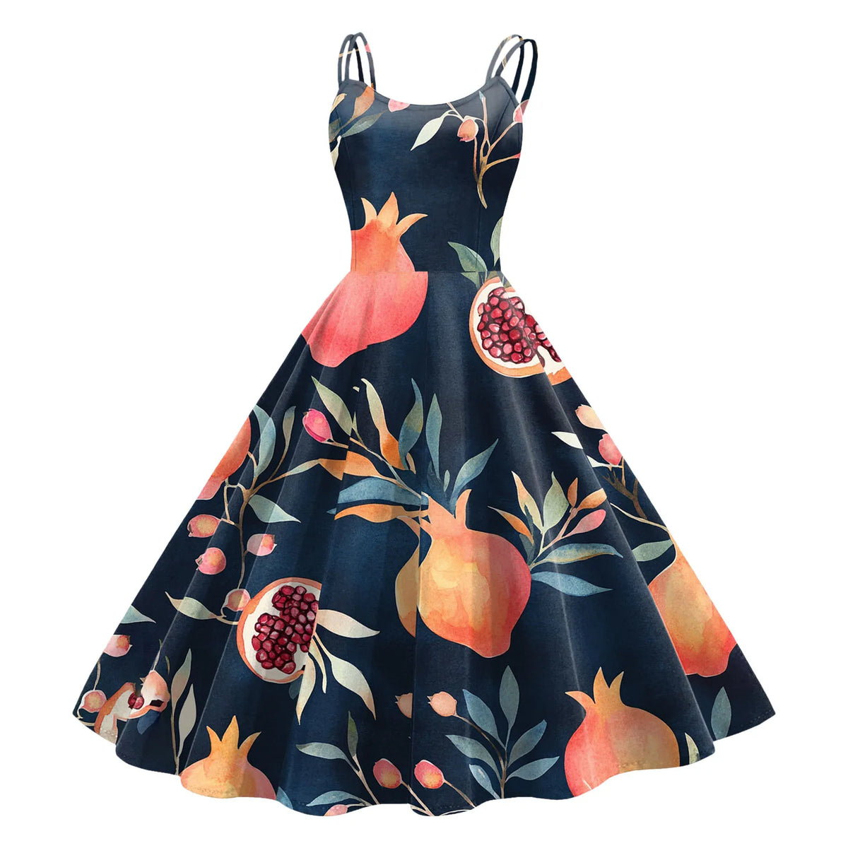 Vintage Fruit Print Dress For Women Elegant High Waist A Line Swing Dress Rockabilly 60s 50s Retro Spaghetti Strap Maxi Robe
