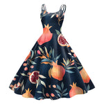 Vintage Fruit Print Dress For Women Elegant High Waist A Line Swing Dress Rockabilly 60s 50s Retro Spaghetti Strap Maxi Robe