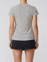 Women's Yoga Outfit Set Black Stripe Tennis Skirt Workout Clothes Short Sleeve O Neck Sports T Shirts Mini Skorts Fitness Sets