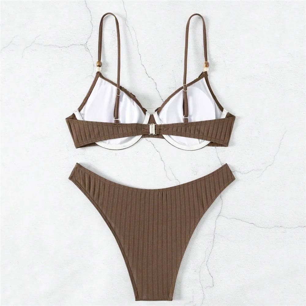 Brown Ruffled Edge Bikini Pushup Bead Straps Solid Swimwears Sexy Swimsuit Women 2026 High Cut Bathing Suit Bikinis Sets Mujer