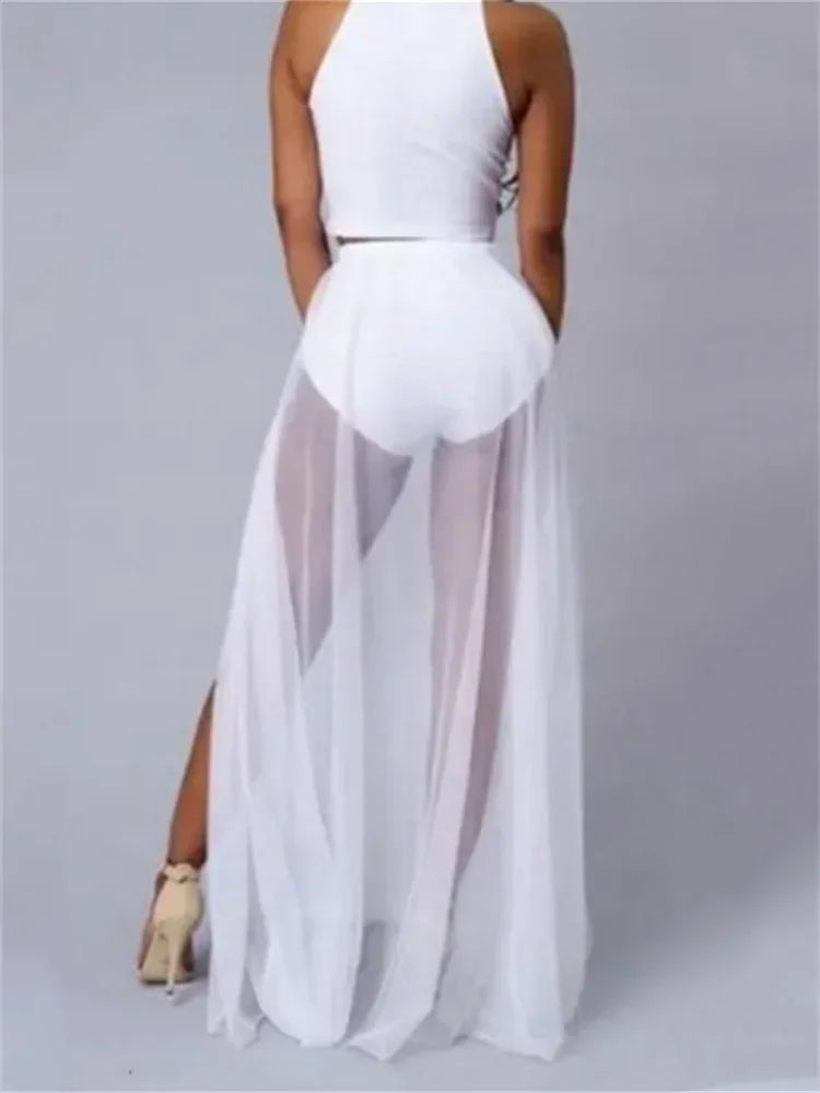 Womens Mesh Beach Wrap Skirt Bikini Cover-Ups High Waist See Through Slit Long Skirts Sexy Club Cover-ups