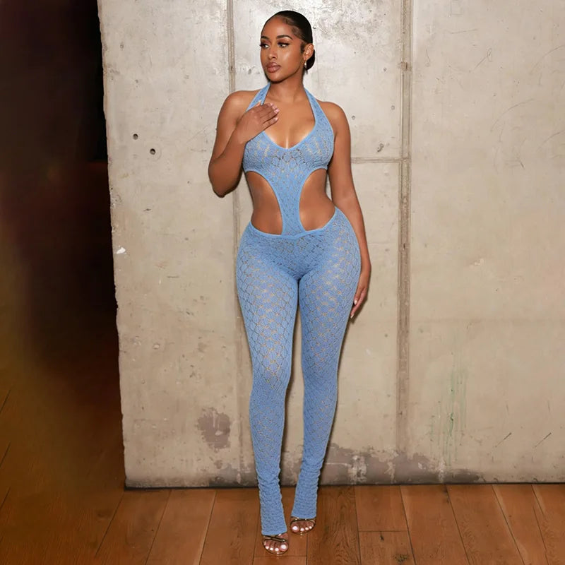 Sexy hot girl solid color see-through slim fit knitted deep V jumpsuit