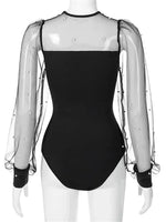 Women Pearl Mesh Puff Sleeve Bodysuit 2024 Fashion Long Sleeve Vintage Body Top Summer Fall Elegant Sexy Blouse Shirts Female