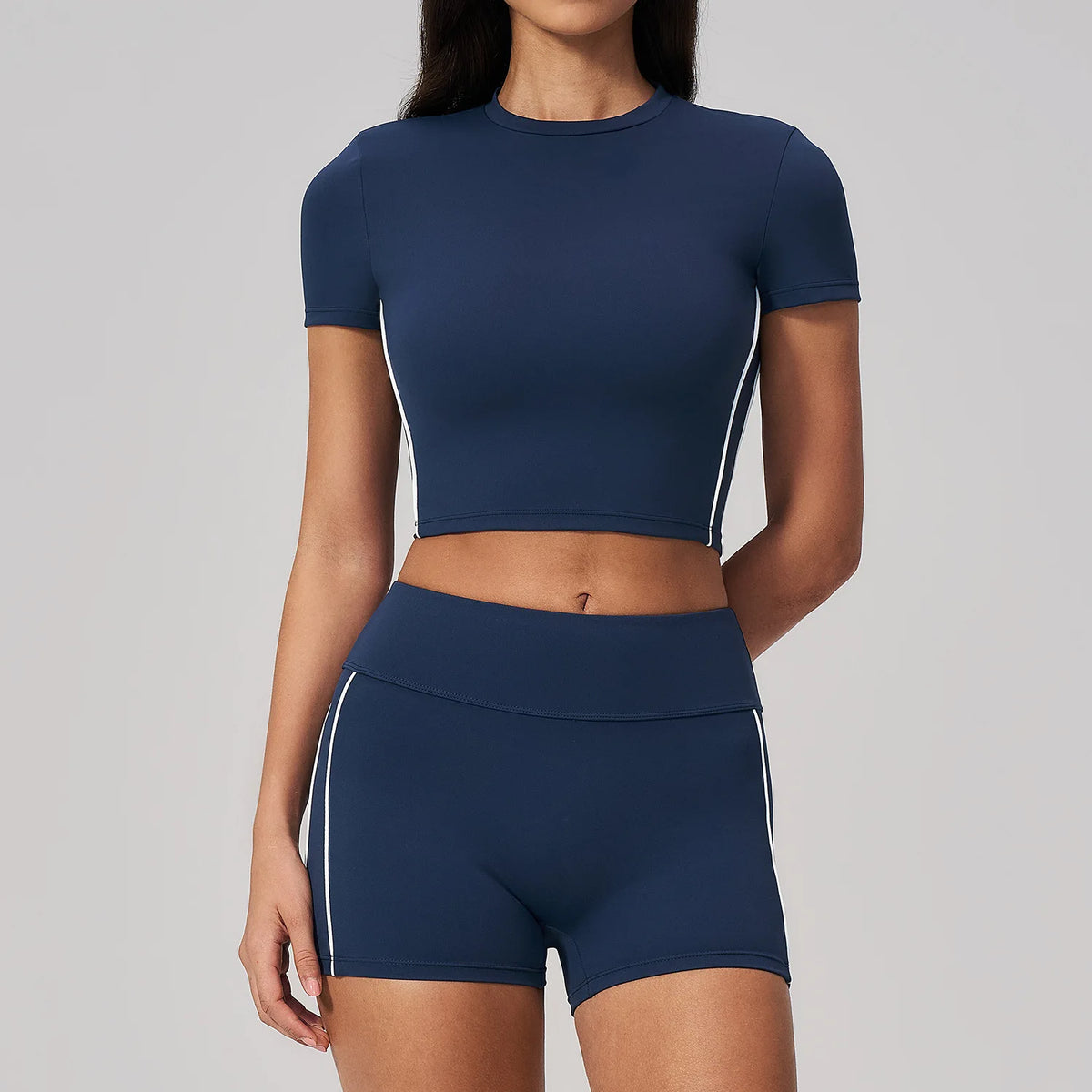 Color Contrast Yoga Suit Women Short Sleeve O Neck Sports T Shirts Tracksuit Outwear High Waist Shorts Gym Running Fitness Suits
