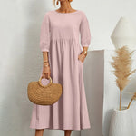 Womens Casual Summer Cotton Dress With Pockets 3/4 Sleeve Loose Midi Shirt Dress Women Dresses With Short Sleeves Vestidos