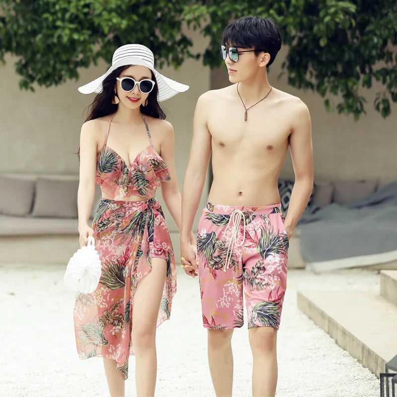 Swimsuit Fashionable Sweet Couple Swimsuit Bikini Three Piece Men's Beach Shorts