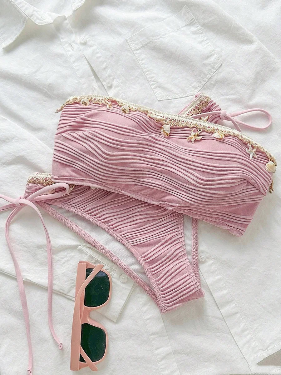 XS - XL Wrinkled Shells Bandeau Bikini Women Swimwear Female Swimsuit Two-pieces Bikini Set Bather Bathing Suit Swim Beachwear