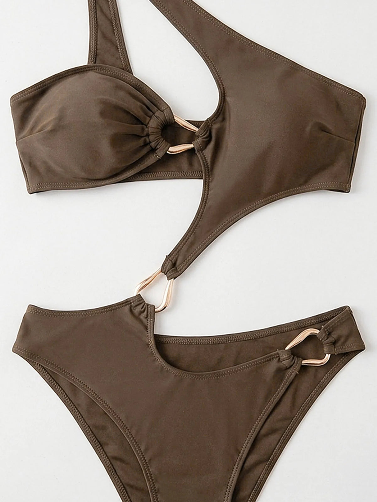 Sexy One Shoulder Swimwear Women Coffee Metal Buckle Hollow Out Backless Thong Bikini Summer Bathing Suit One Piece Swimsuit