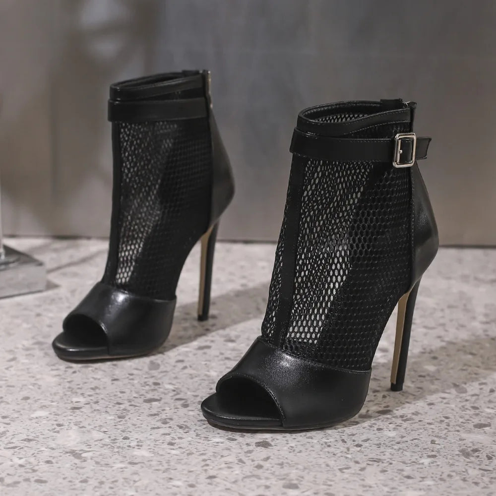 Design Peep Toe Hollow Out Mesh Ankle Boots Sandals Woman Sexy Nightclub Gladiator Peep Toe Thin High Heels Zipper Sandals