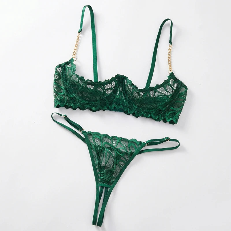 Women Lace Lingerie Ultra Sexy French Thin Bra Sets Intimate Exotic Sets Luxury Erotic Lingerie Dark Green Youth Sexy Lingerie