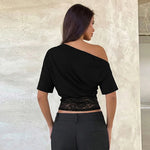 FDYOUI Sexy Chic Diagonal Collar Lace Patchwork T-shirts 2026 Women Short Sleeve Irregular Cropped T Shirt Lady Tunics Tops Tees