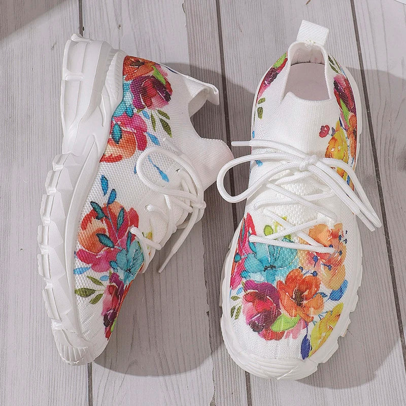 Floral Print Women's Knitted Sneakers Summer 2025 New Breathable Air Mesh Casual Shoes Woman Light Weight Walking Sports Flats