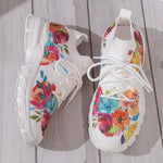Floral Print Women's Knitted Sneakers Summer 2025 New Breathable Air Mesh Casual Shoes Woman Light Weight Walking Sports Flats