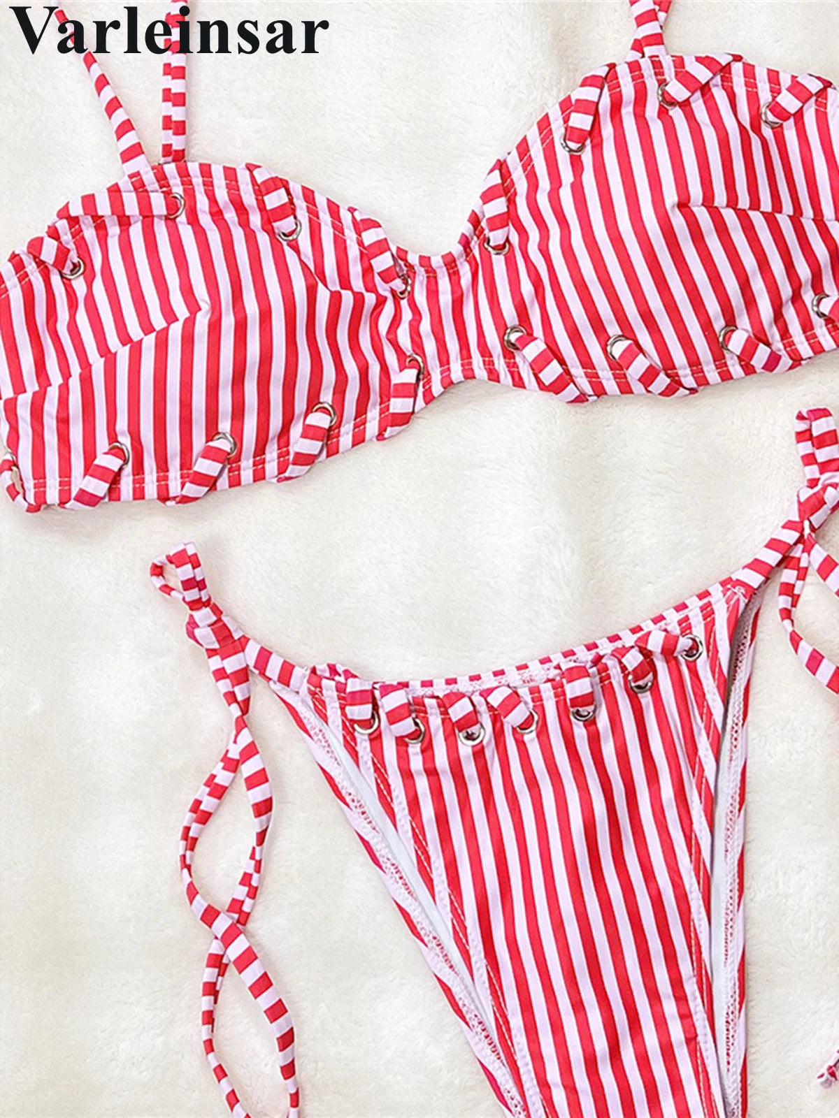Striped Strappy Bikini Women Swimwear Female Swimsuit Two-Pieces Bikini Set High Leg Cut Padded Bather Bathing Suit Swim V8261