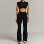 Women 2PCS Yoga Suit Sports Gym Set Tracksuit Workout Long Sleeve Shirt Fitness Flared leggings Short sleeve shorts running suit
