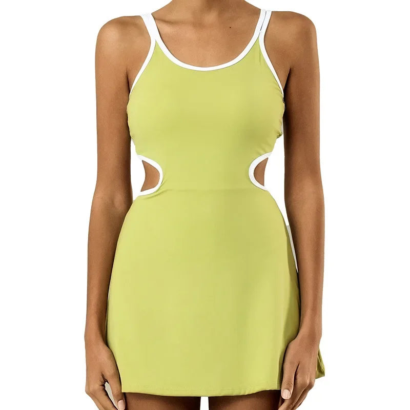 Tennis Dress Women Sleeveless Push Up Padded Sport Dresses Training Running Fitness Hollow Out Backless Slim Badminton Suit