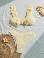 sexy yellow patchwork wrinkled bow ruffles bikinis sets two pieces women thong swimsuit female bathing suit swimwear biquini