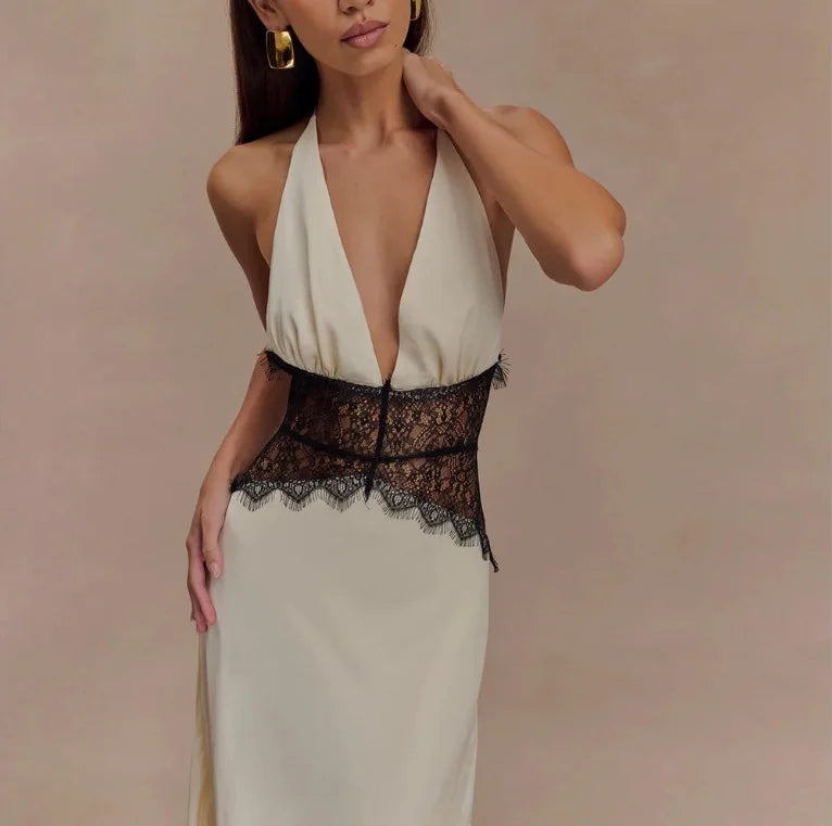 Summer Backless Sexy Long Dresses Women's Gown Patchwork Lace Halter V Neck Sleeveless High Waist Elegant Vestidos Para Mujer