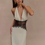Summer Backless Sexy Long Dresses Women's Gown Patchwork Lace Halter V Neck Sleeveless High Waist Elegant Vestidos Para Mujer
