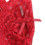 Transparent Sexy Crotchless Red Lingerie Women's Lace Hollow Bodysuit Bra Set Erotic Pajamas Deep V Open Bra Porn Underwear Set