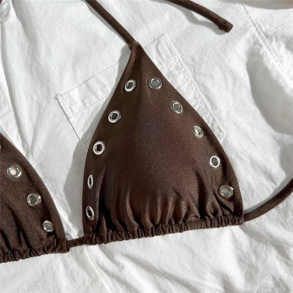 Sexy Black Rivet Holes Micro Bikini Thong Set Swimsuit Women 2026 String Halter Triangle Swimwear Bathing Suit Bikinis De Mujer