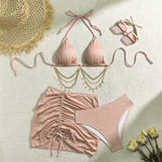 Shiny Pink String Halter Triangle 3 Piece High Waisted Bikini Set Swimwear Skirt Cover Up Rhinestone Chaining Swimsuit Beachwear