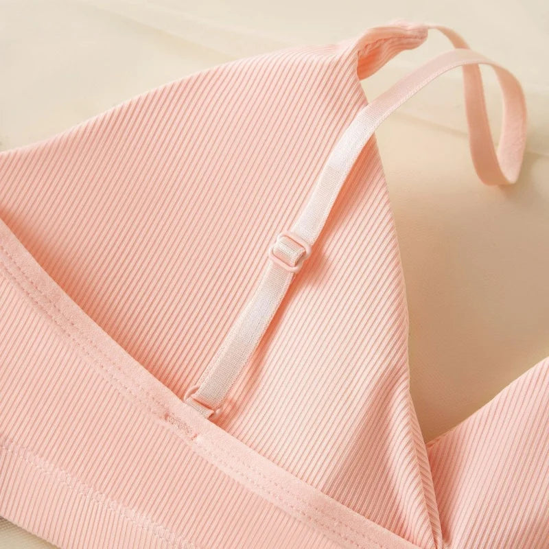 Women Ribbed Triangle Bra And Panties Set Wireless V Neck Thin Strap Bra Low Waist Briefs Ladies Removable Pads Lingerie Set