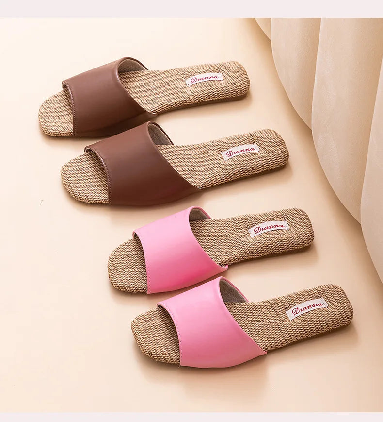 2026 New Breathable Linen Slippers For Women Men Spring Summer House Shoes Soft PU Leather Anti-slip Couples Home Floor Slides