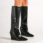 Fashion Wedge High Heels Long Boots Women Plus Size Pu Leather Knee High Botas Mujer Sexy Punk Black Pointed Toe Boots Woman