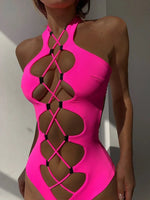 Sexy Black Hollow Out Swimwear Women 2026 High Neck Backless Monokini Lace Up Bandage Bathing Suit Holiday One Piece Swimsuit