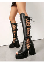 Plus Size Women Black Patent Matte Leather Lace Up Knee High Boots Peep Toe Platform Block Heel Back Zip Gothic Y2K Party Heels