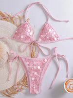 Sexy Sequin Pink Bikini Set 2026 Women Mesh Front Tie Push Up Bra Triangle Swimsuit Beach Bathing Suit Micro Swimwear Biquini