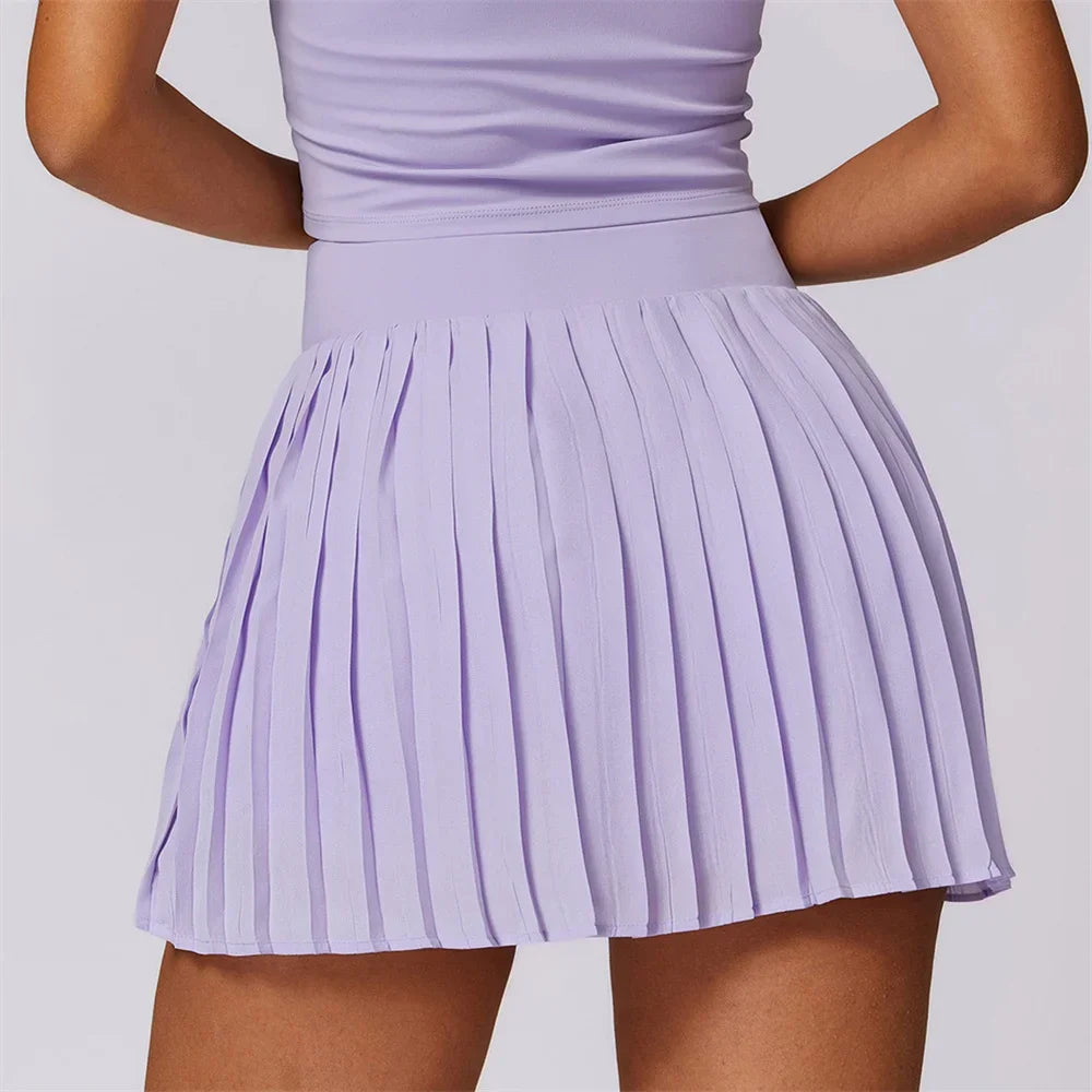 Sports Tennis Short Skirt Women's Summer Pleated Fake Two-piece Quick Drying Skort Fitness High Waist Pocket Yoga Running Skirts