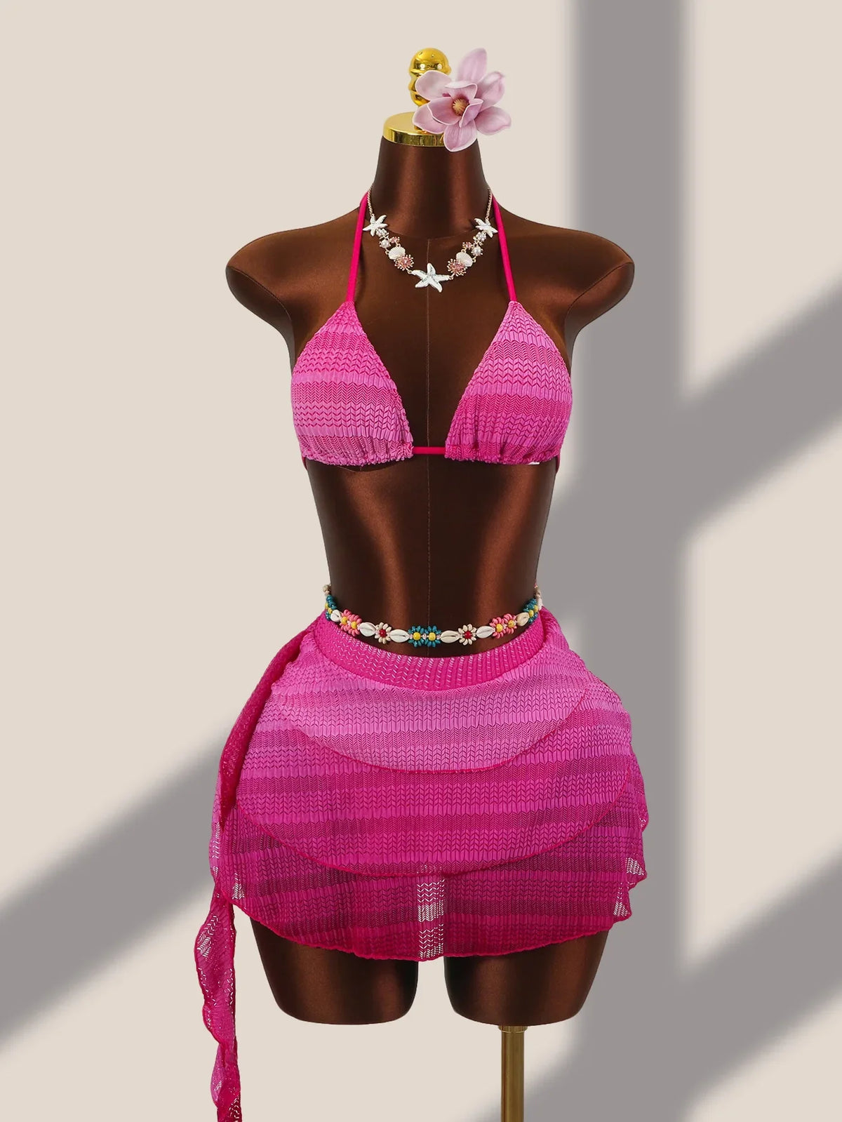 Vintage Hot Pink Gradient Bikini Set 2026 Women Push Up Bra Holiday Mesh Pleate Cover Up 3 Piece Swimsuit Bathing Suit Swimwear