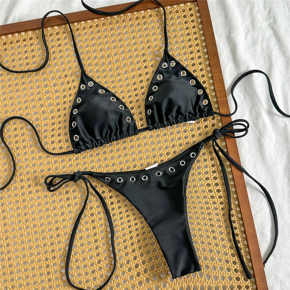 Sexy Black Rivet Holes Micro Bikini Thong Set Swimsuit Women 2026 String Halter Triangle Swimwear Bathing Suit Bikinis De Mujer