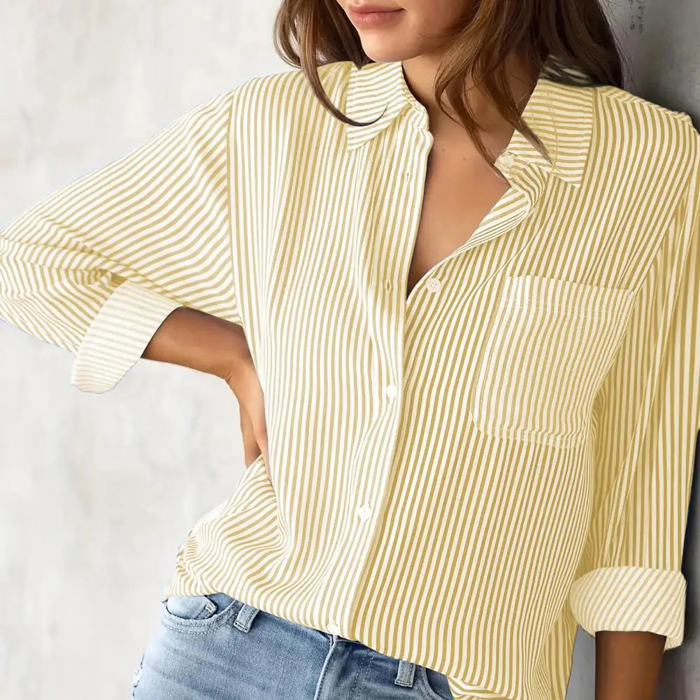 Women Shirt Lapel Long Sleeve Women's Shirts Single Breasted Shirt Tops with Patch Pocket Office Tops