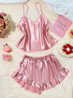 2Pcs Women Pink Satin Sleepwear Set V Neck Cami Top with Ruffle Shorts Sexy Breathable Loungewear Pajama for Home