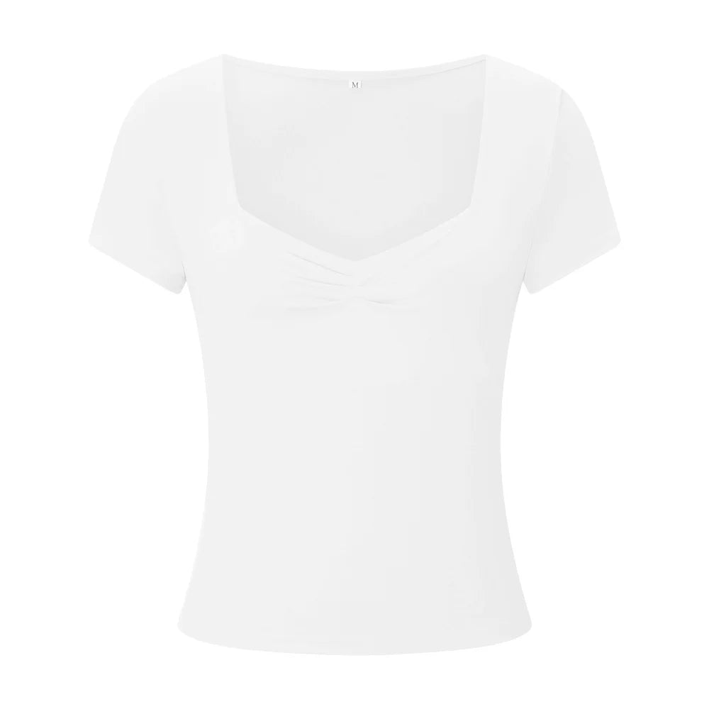 New Women T-shirt Summer Solid Color Short Sleeve Square Neck Slim Fit Crop Tops Casual Elegant Basic Tee Shirts