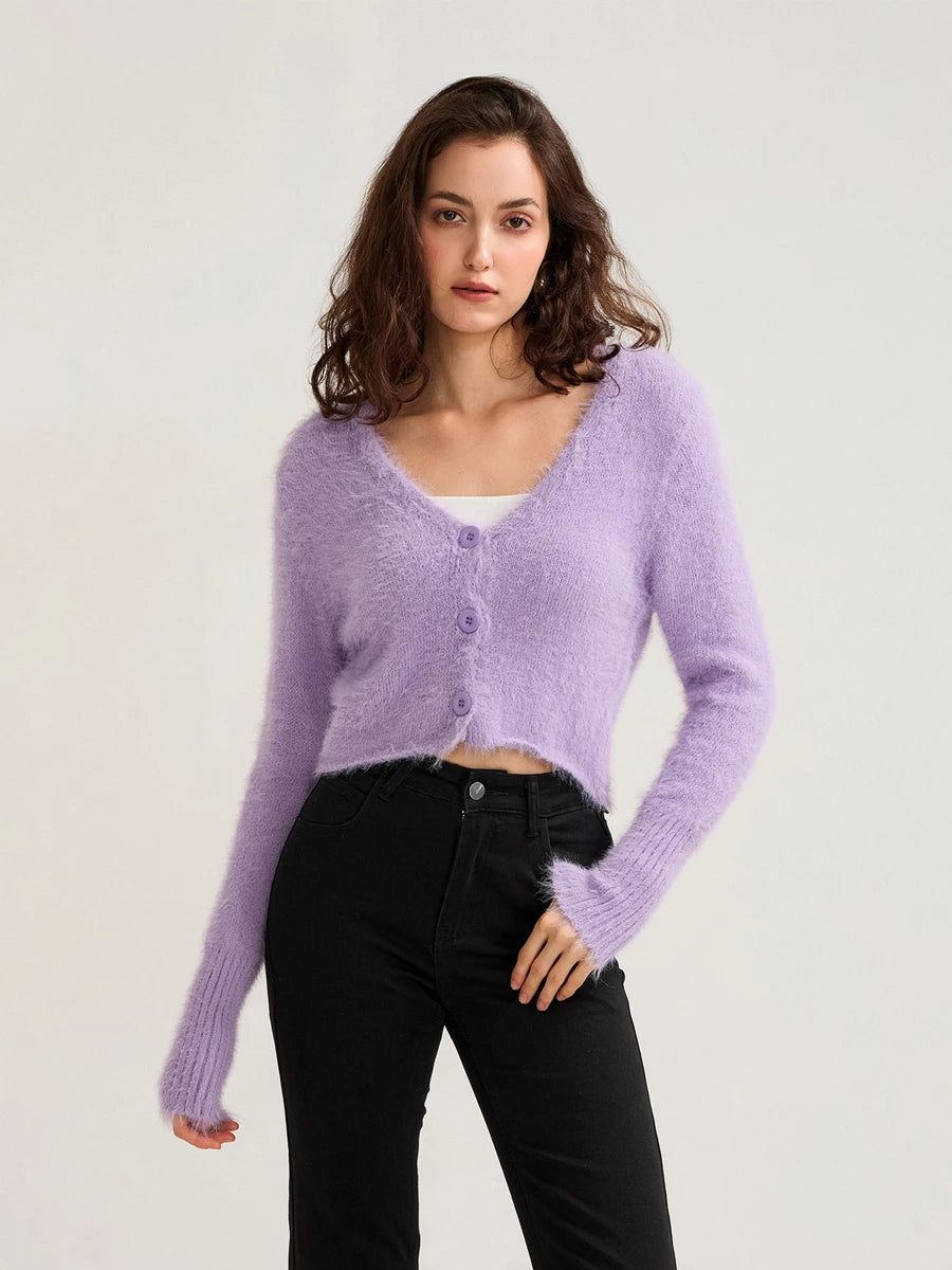 Fall Winter Women Button Down Cropped Knit Cardigan Solid Color Knitwear Fuzzy Long Sleeve V-Neck Loose Sweater