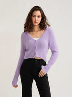 Fall Winter Women Button Down Cropped Knit Cardigan Solid Color Knitwear Fuzzy Long Sleeve V-Neck Loose Sweater